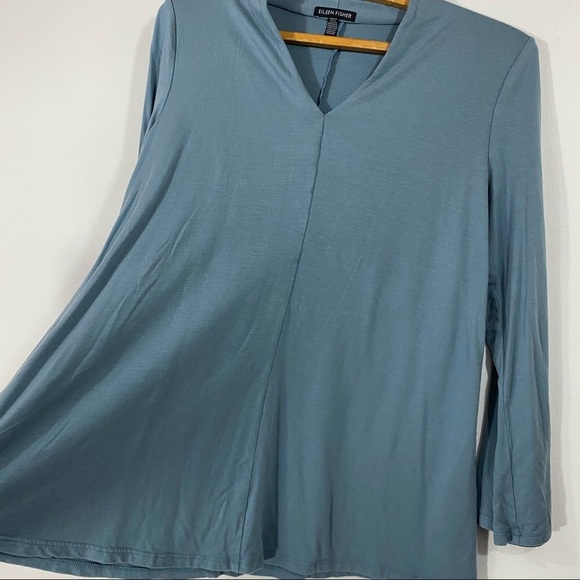 Eileen Fisher Tencel and Lyocell Blue V Neck Long Sleeve Top - Picture 4 of 8